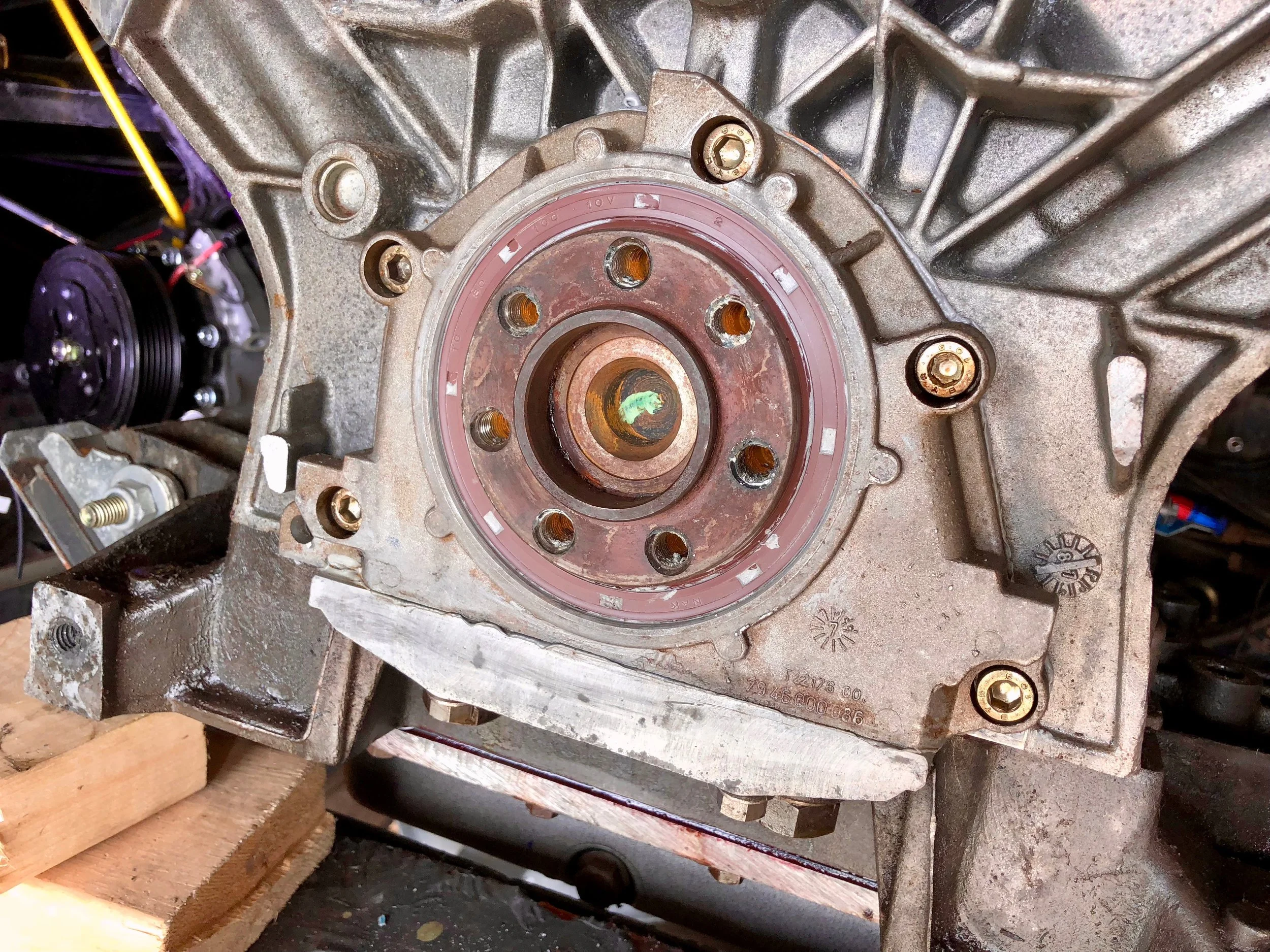 The new rear main seal around the transmission take-off on the back of the engine.