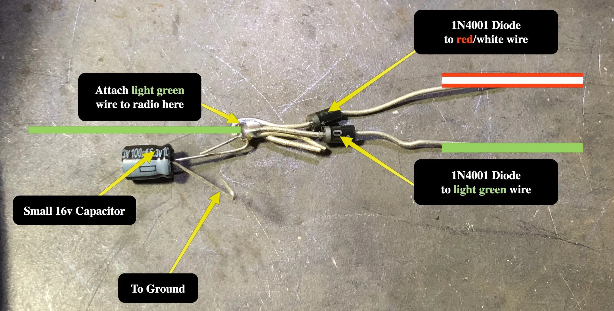 Capacitor wired to the diodes. Note the mark on the capacitor to the ground pin, and the marks on the ends of the diodes towards the capacitor.