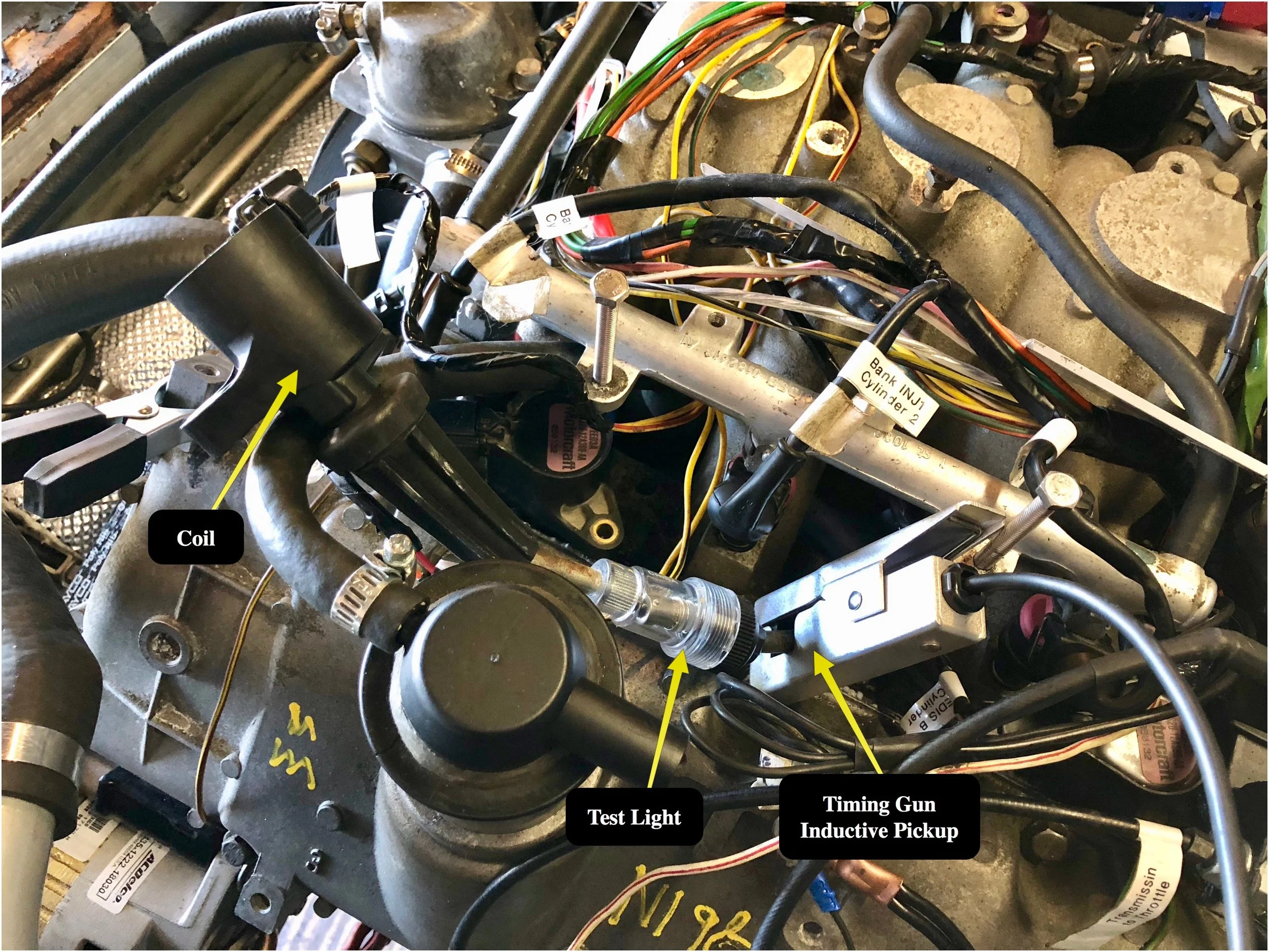 Timing gun connected through a test light to cylinder 2 (the correct cylinder for this BAC setup was cylinder 3, although most engines would use cylinder 1).