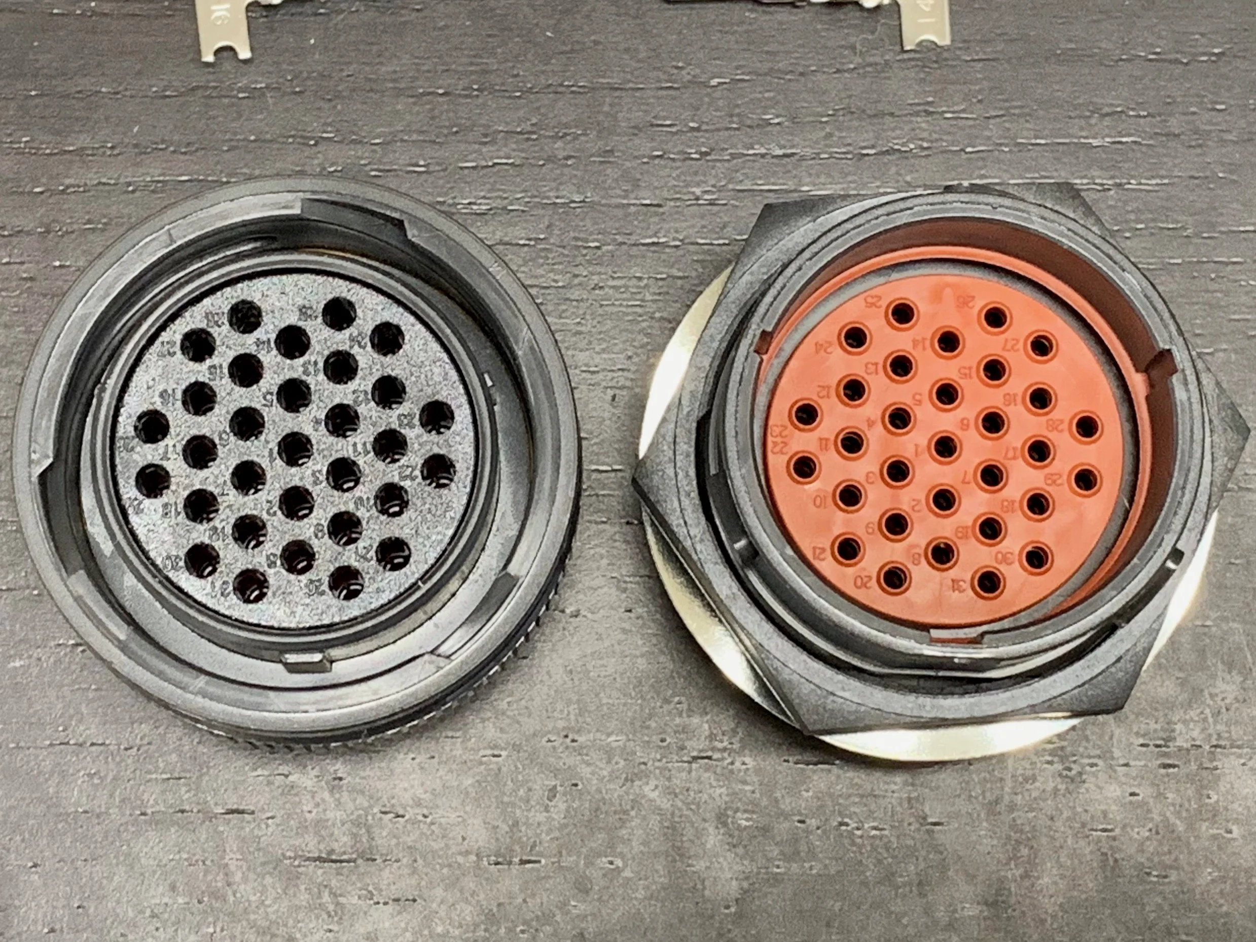 Inside the connectors. Each pin is labeled.
