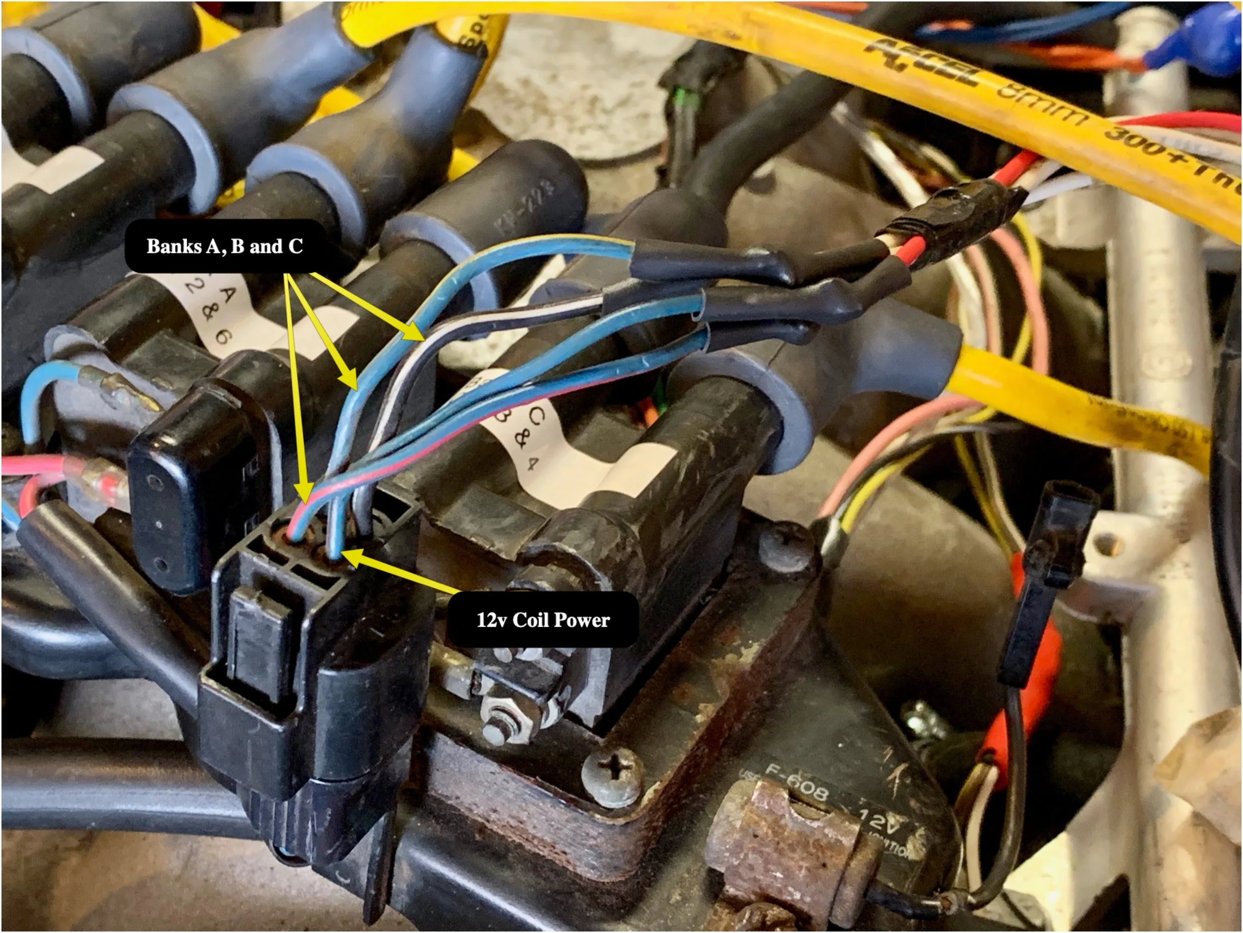 Wiring at the coil pack. I used plain white wires for the banks and a red wire for the 12v power.