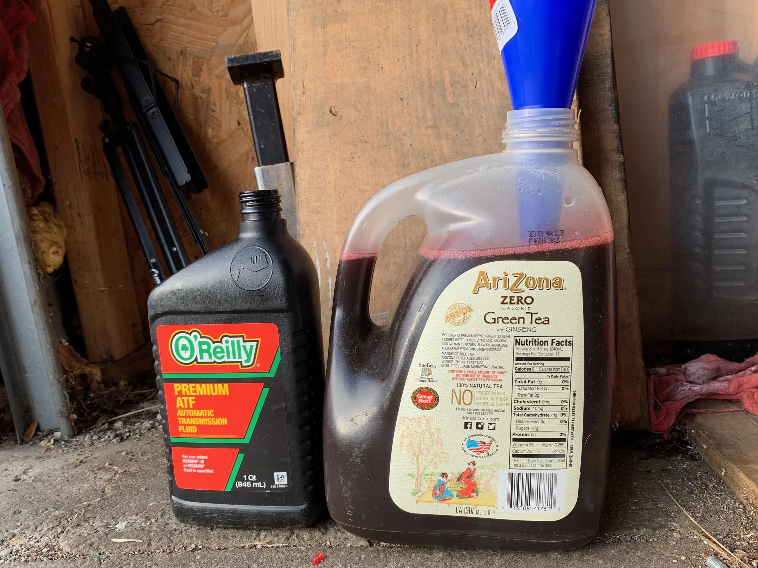 Poured into a one gallon bottle, revealing that I got between 3.25 and 3.5 quarts out of the transmission. I put the same amount back in.