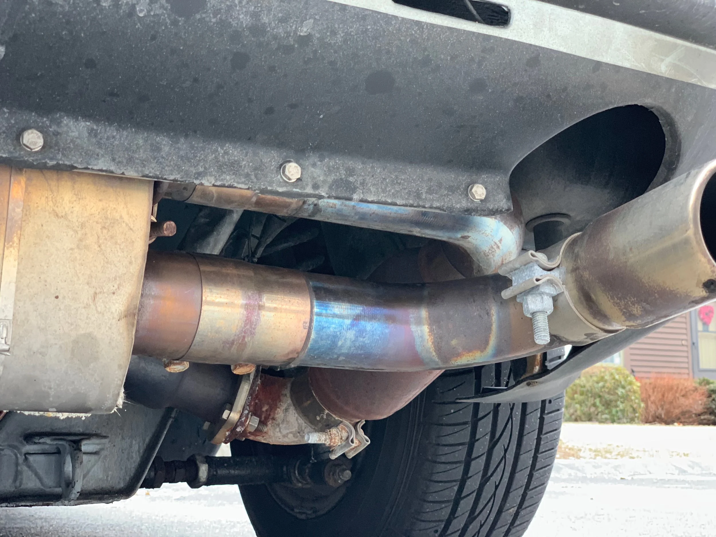 Rainbows showing up in the stainless steel pipes.