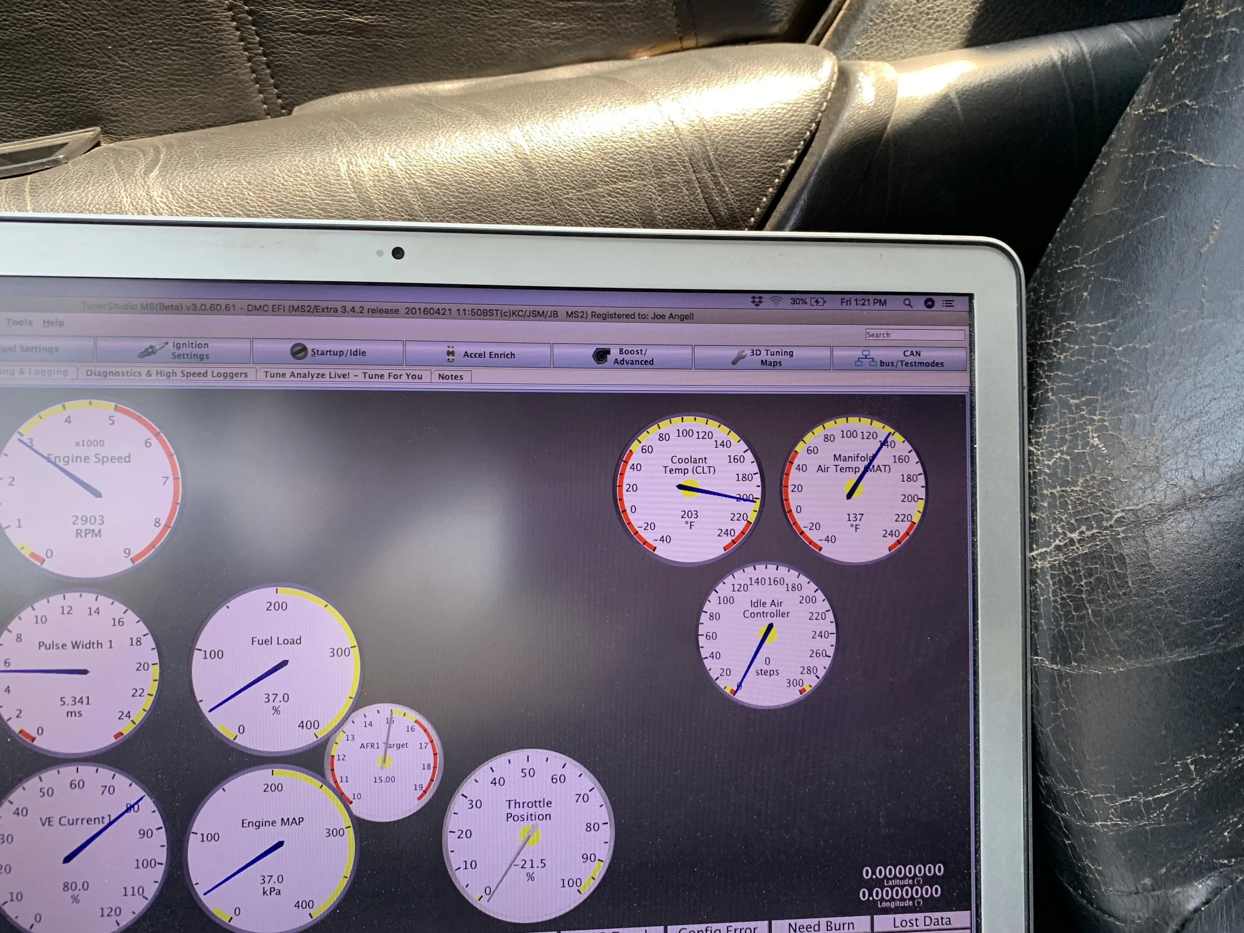 The temperature gauge in TunerStudio (top right), also at highway speed. After bleeding the system the temperature did read a bit lower.