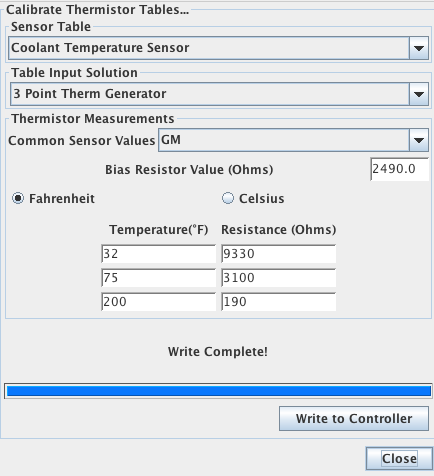 My calibrated coolant temperature settings in TunerStudio, which reads about 5 degrees lower than the GM preset.