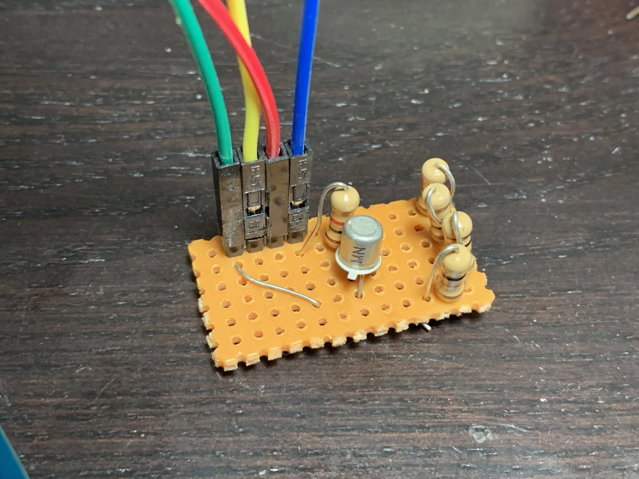 My going high transistor board. The four restores along replace the single 2200 ohm resistor I didn’t have. The other resistor is a pull down, and the jumper wires lead to the MegaSquirt.