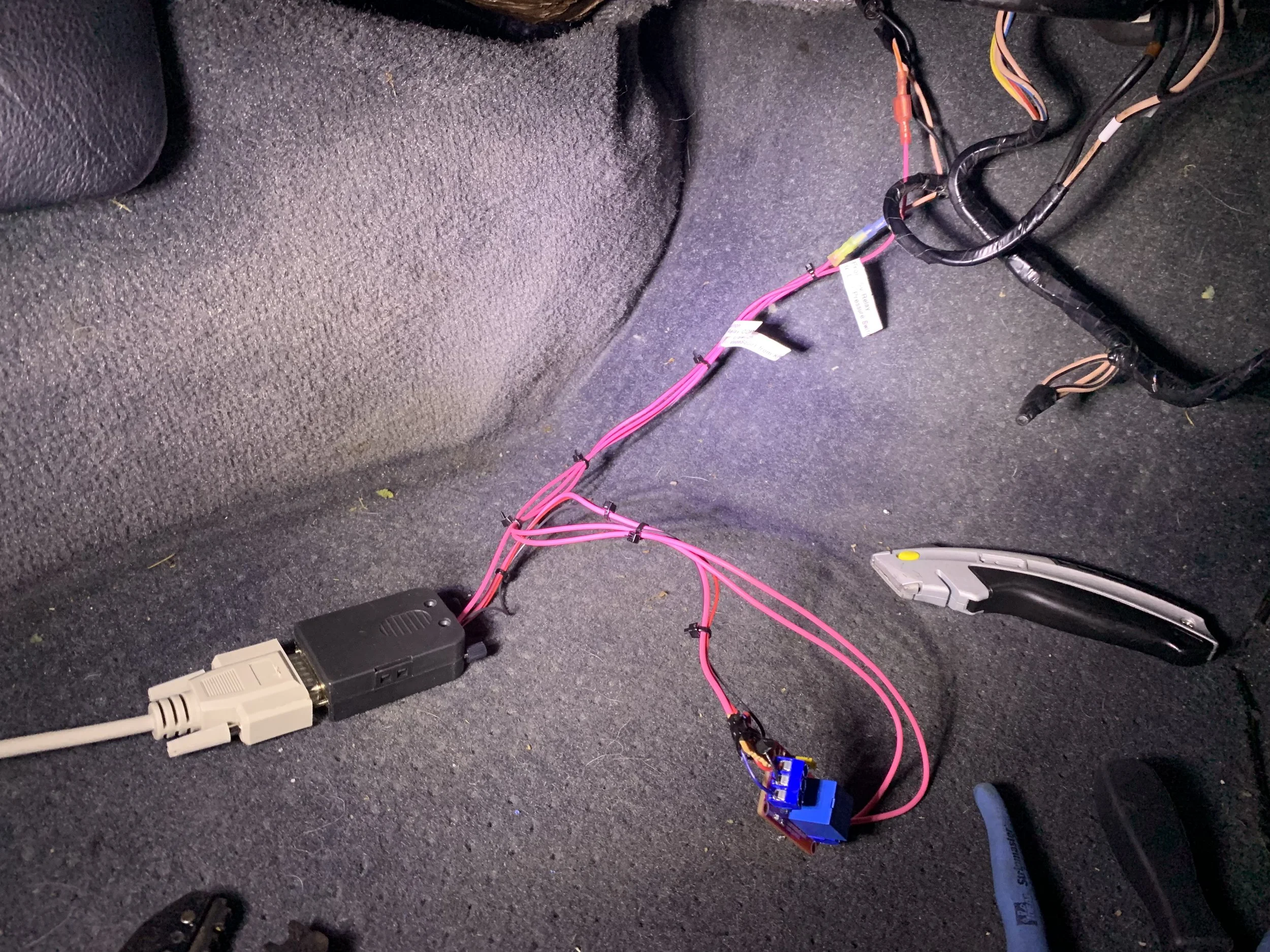 The final wiring from the car’s electronics to the DB15 connector and the relay . The grey DB15 extension cable runs back to MegaSquirt.