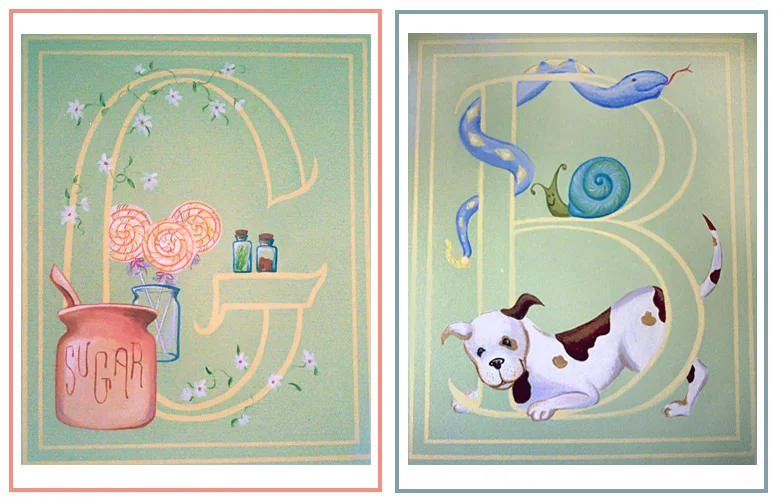 Set of mural illustrations for a twin boy/girl Nursery: Juvenile hall Design (Illusions of Grandeur) ©1998