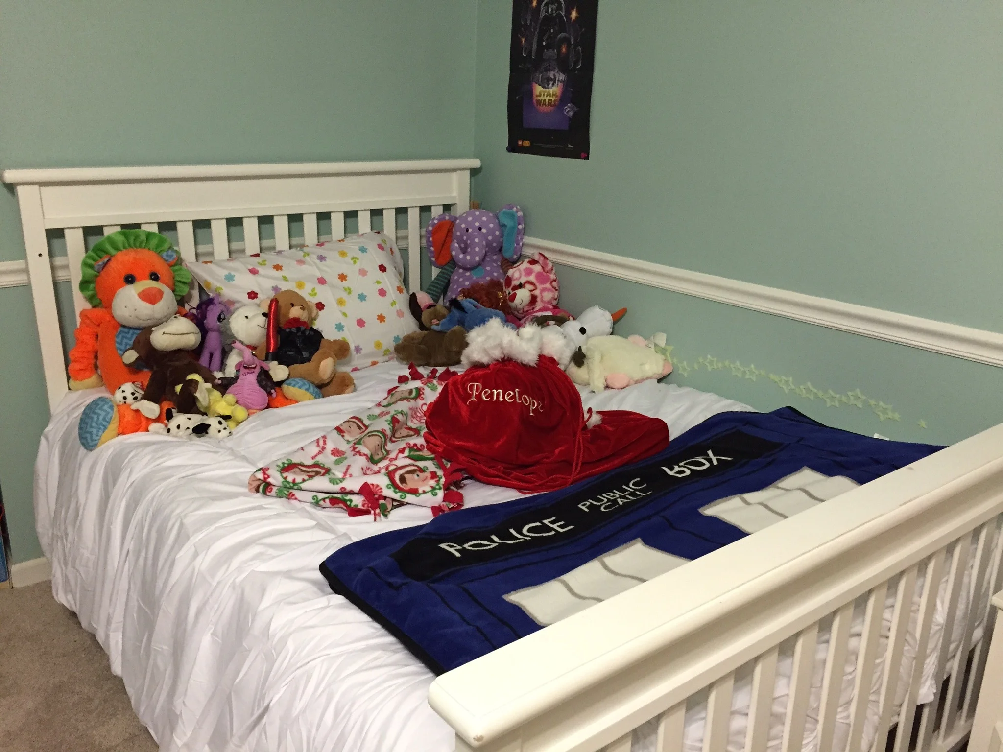 Penelope's new big girl bed with her Santa Sack in the middle