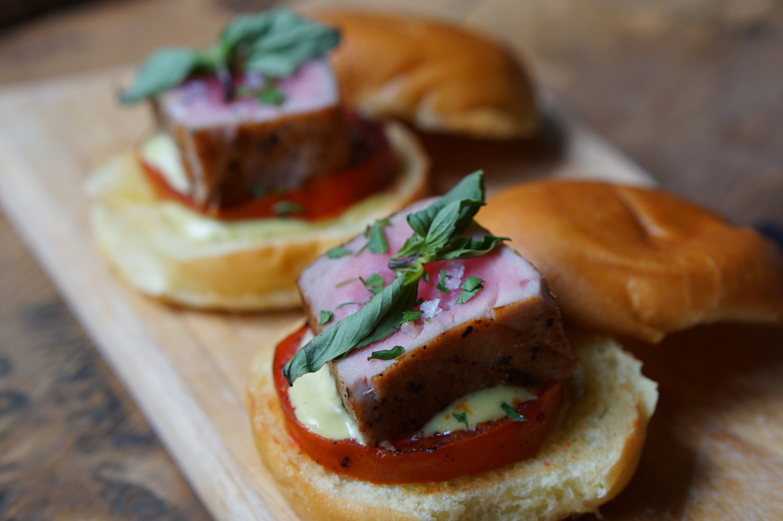 Seared Tuna - grilled tomato, thai basil, wasabi aioli.JPG