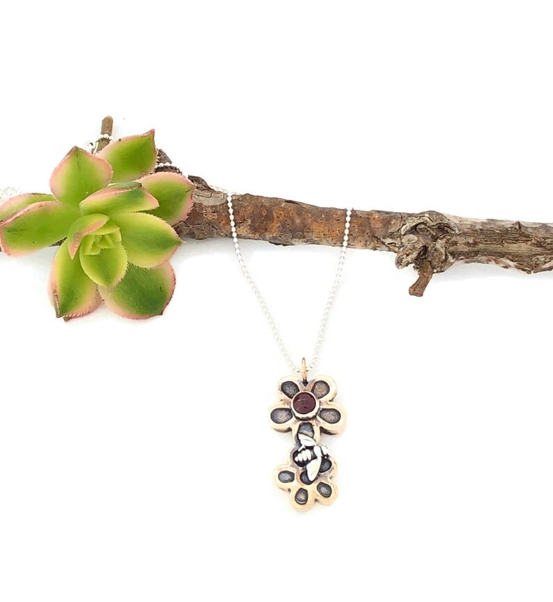 Long Bronze Flower and Gemstone Pendant