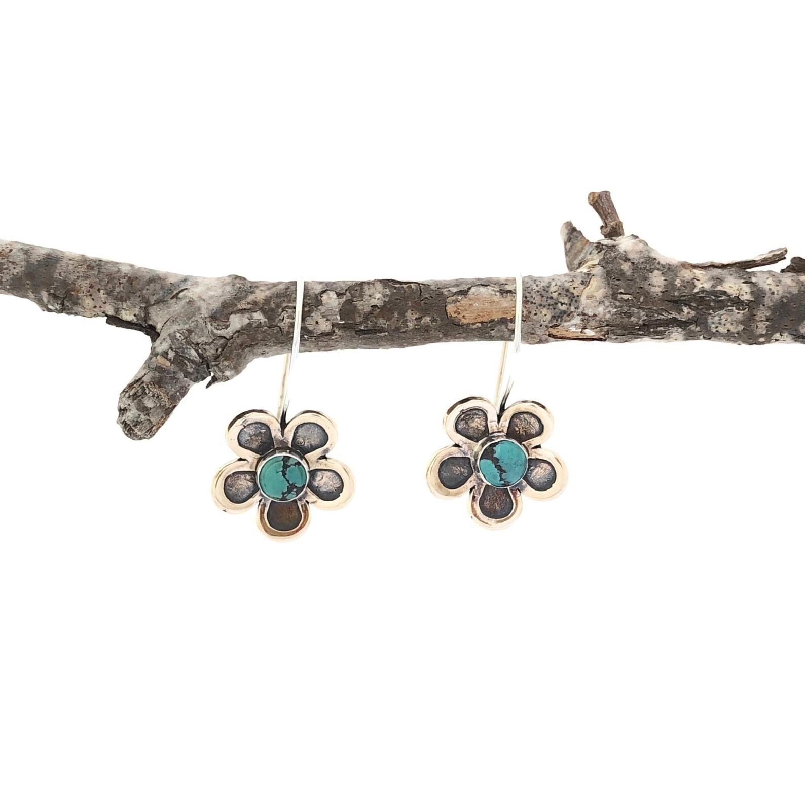 Flower Bronze, Sterling Silver and Turquoise Earrings