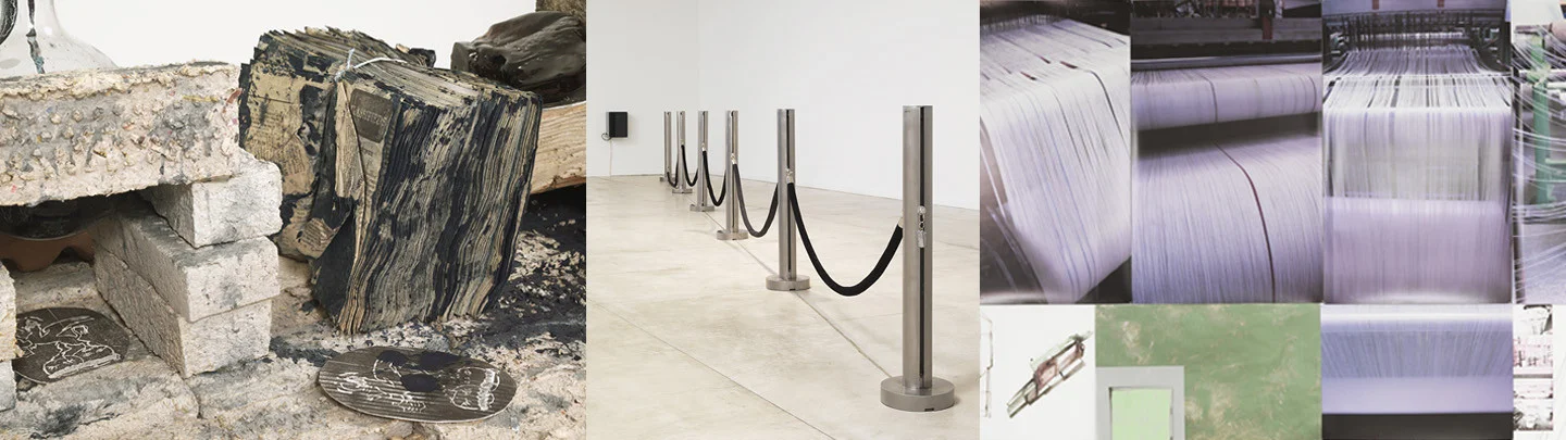Left: Julia Feyrer and Tamara Henderson, Newspaper/Boiler Room Table (detail), 2013–16, from The Last Waves: Laboratory , 2015–16. Center: Germaine Koh, Fair-weather forces (water level), 2008. Right: Shelagh Keeley, Notes on Obsolescence (detail), 2014. Photos: Rachel Topham, Vancouver Art Gallery.