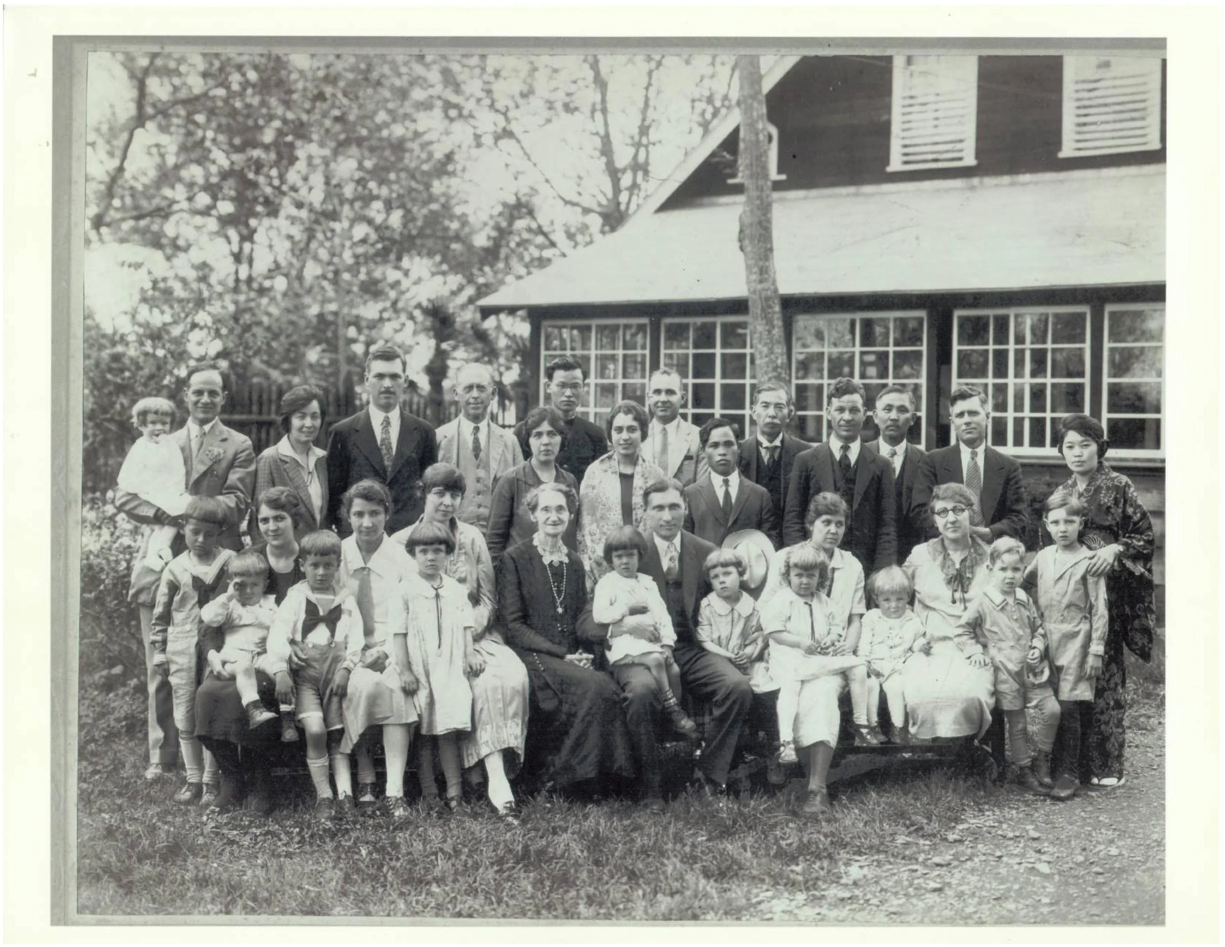 The Fox Family and others in Japan around 1928. George Pepperdine, founder of Pepperdine University, is seated in the middle with my grandfather's sister Ramona on his lap. My grandfather is sitting on his mother's lap all the way on the left with his hand to his face.