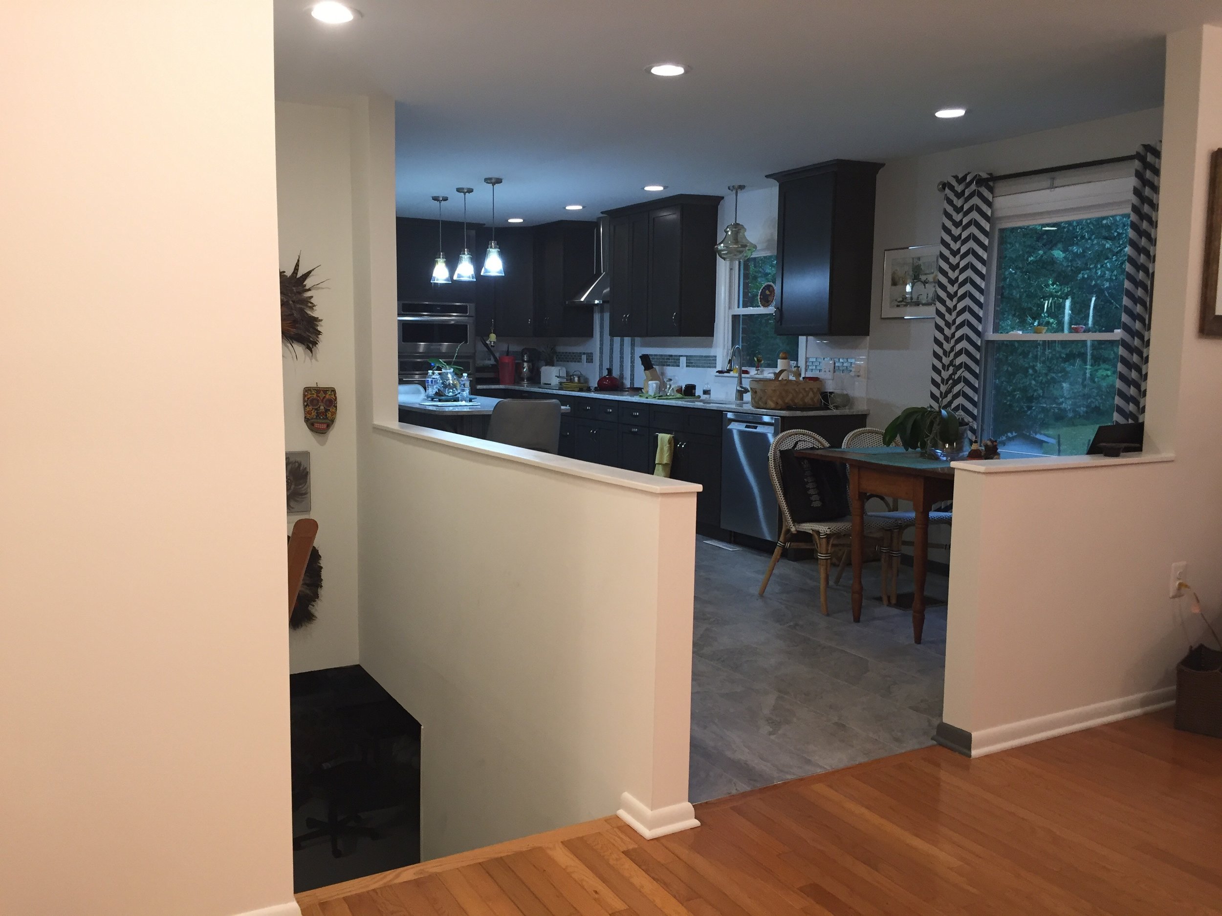  After, the basement below is finished, so it made a lot of sense to take down some non-structural walls and make it feel more connected to upstairs. 