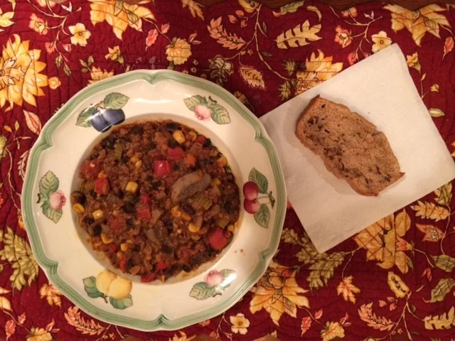 The finished veggie chili with a slice of homemade zucchini bread. 