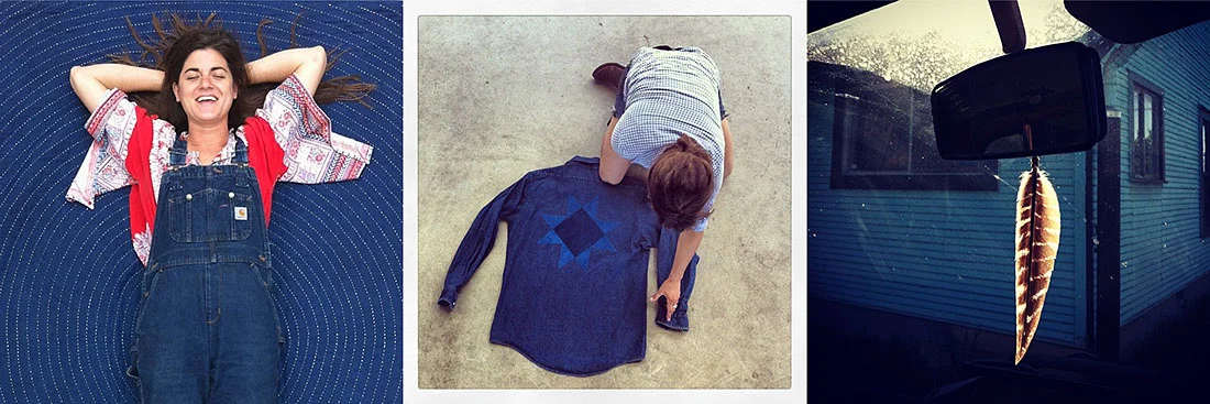 An Instagram portrait of Maura taken on a quilt, Maura styling a denim shirt, and a feather hanging from the mirror of her red VW Bus. She would come to pick me up sometimes with coffee and pastries on the mornings of our shoots.