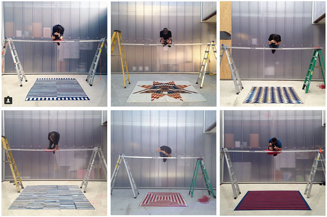 Photos from @folkibers by Maura of me photographing her quilts over the past year and a half. Some people thought it looked dangerous but our system worked quite well to get nice straight on shots. 