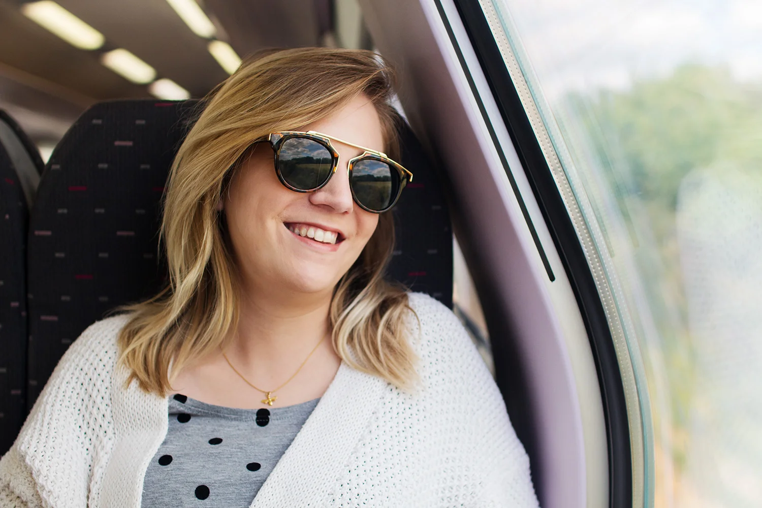 Smiling woman on a train