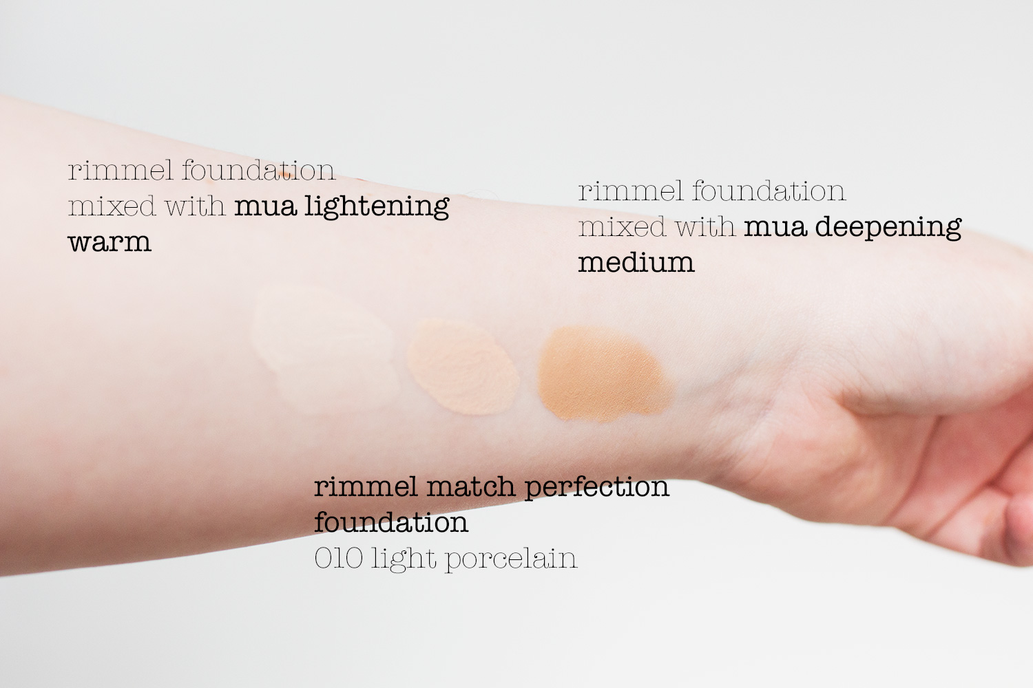 MUA Pro Custom Colour Foundation Mixers in Lightening Warm and Deepening Medium swatches, when mixed with Rimmel Match Perfection Foundation in 010 Light Porcelain. Photography by Alice Red.