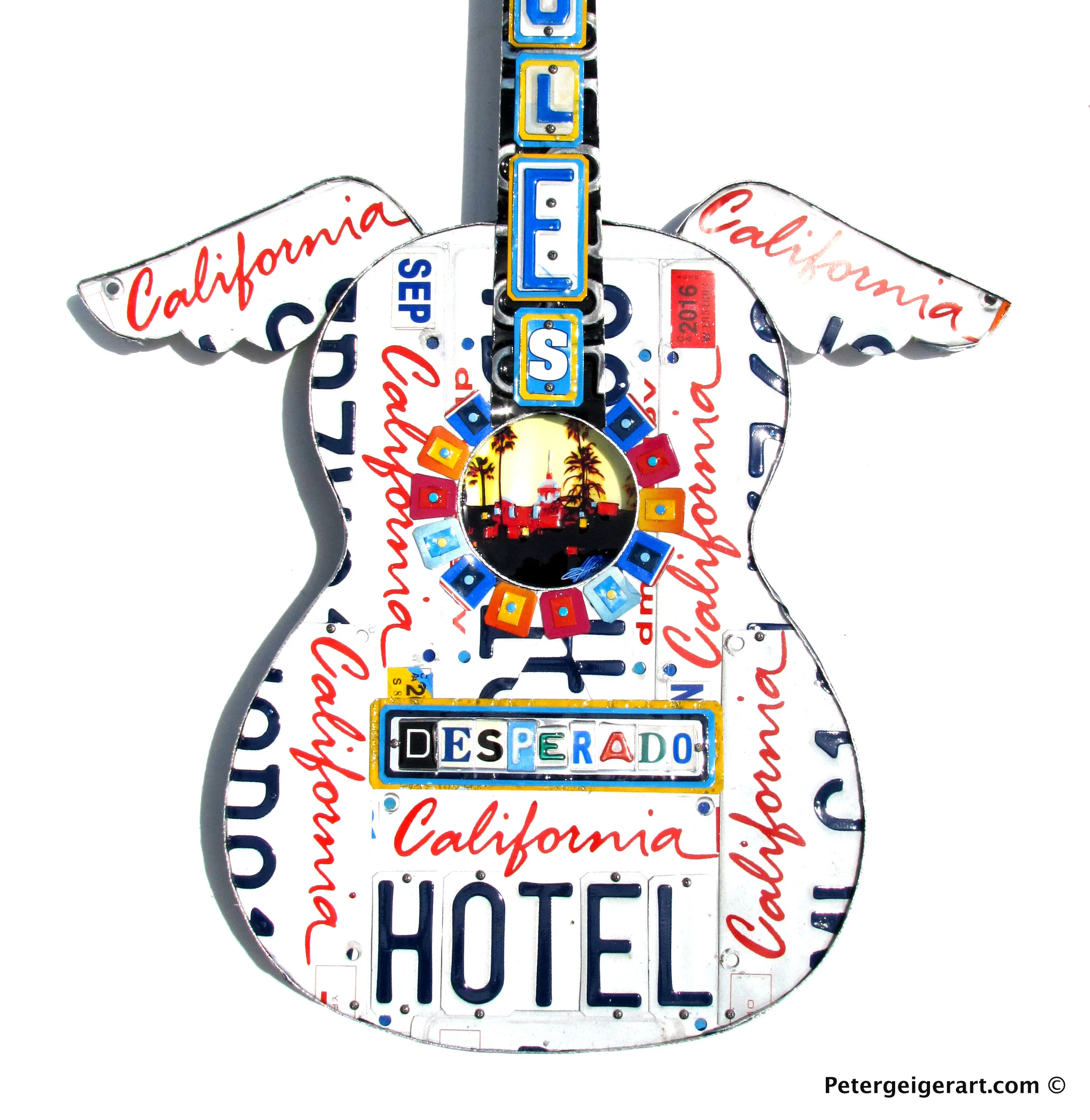 "Eagles" Desperado wall decor. Guitar art. License plate art.one-of-a-kind metal wall art. Order today.