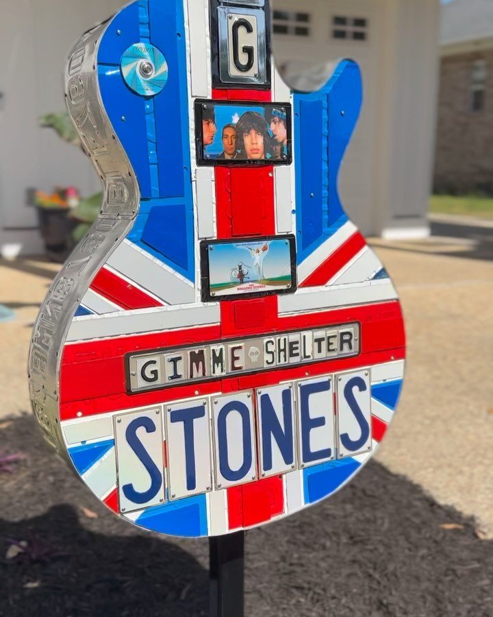 ROCK GARDEN 
Is an original large scale outdoor sculpture constructed from vintage license plates stainless steel hardware and a PVC frame.
A private commission inspired by the Rolling Stones. Gimme Shelter 
74 x 24 x 6  weight 86lbs
residential comm