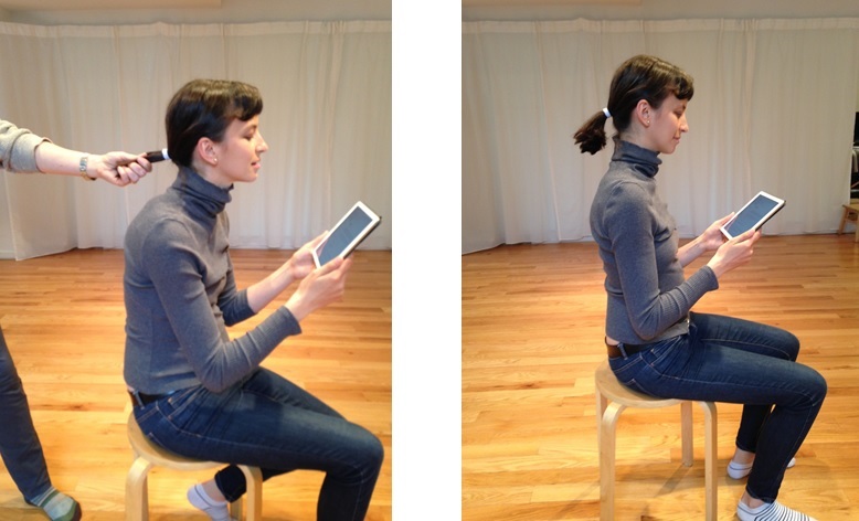 The image on the left shows the head tipping back and downward as the chin pokes out. the whole body is affected by this downward pressure. The image on the right shows the head balance on the spine, which facilitates staying upright and relaxed.