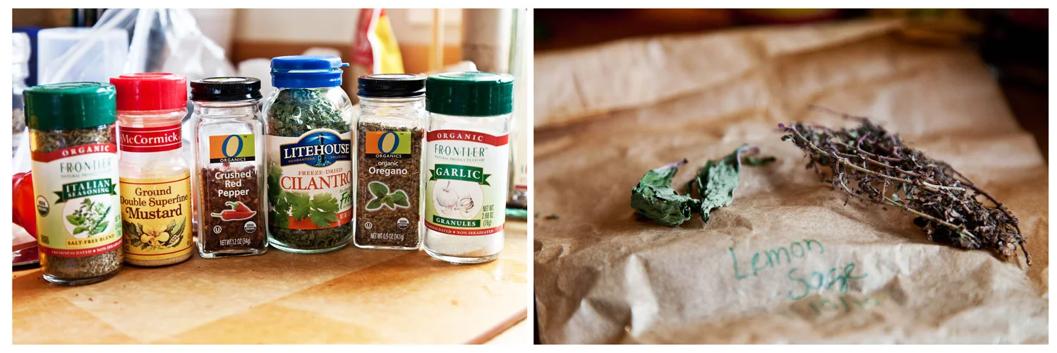 Italian seasoning, ground Mustard, crushed Red Pepper, Cilantro, Oregano, Garlic powder.