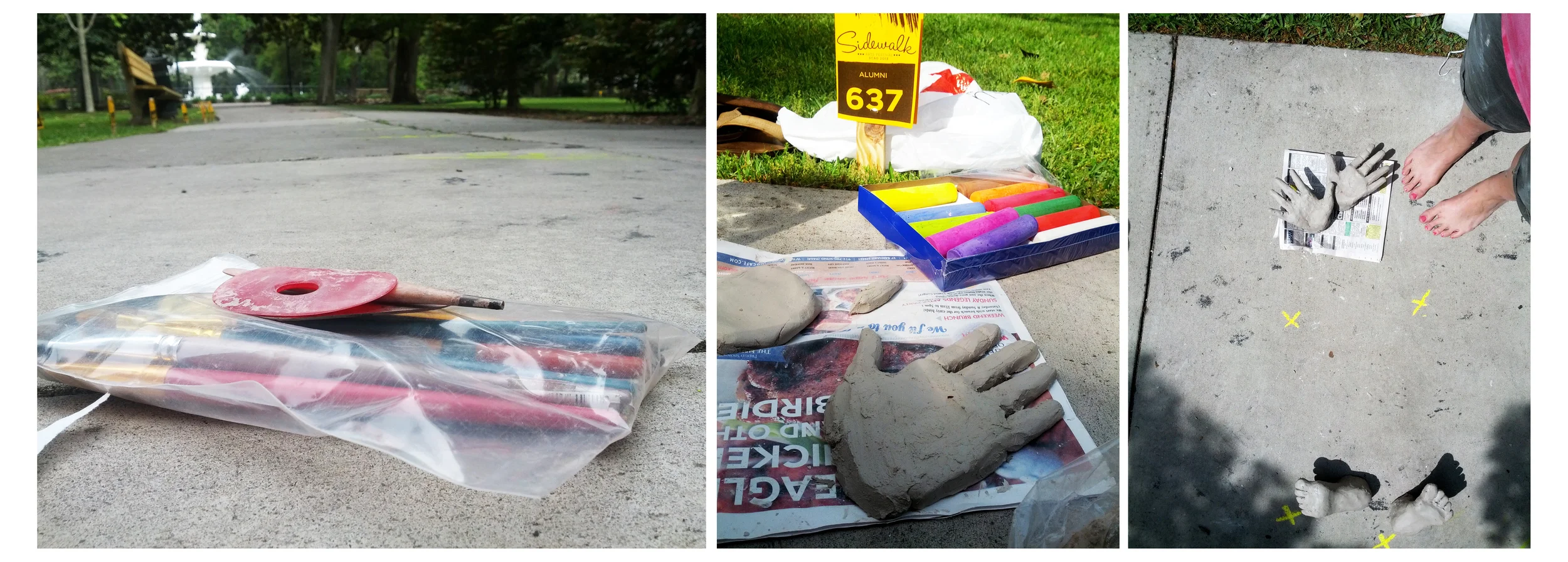 the park was EMPTY when I showed up at 9 to start sculpting | the start of my hands as well as my box of chalk | hands and feet placement
