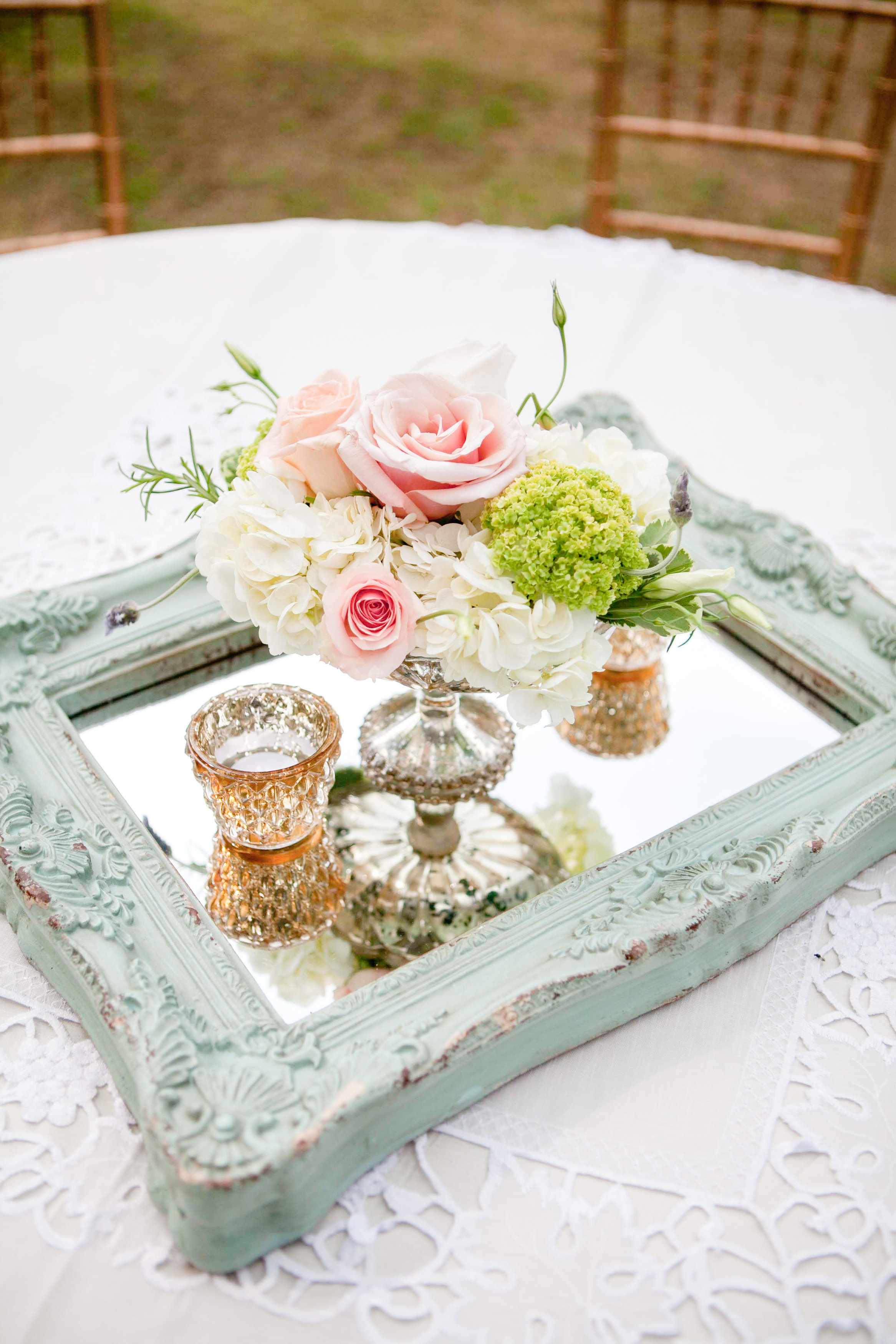The mint mirrors were perfect for some of the round table centerpieces.