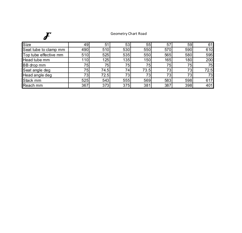 Filament road bike geometry chart