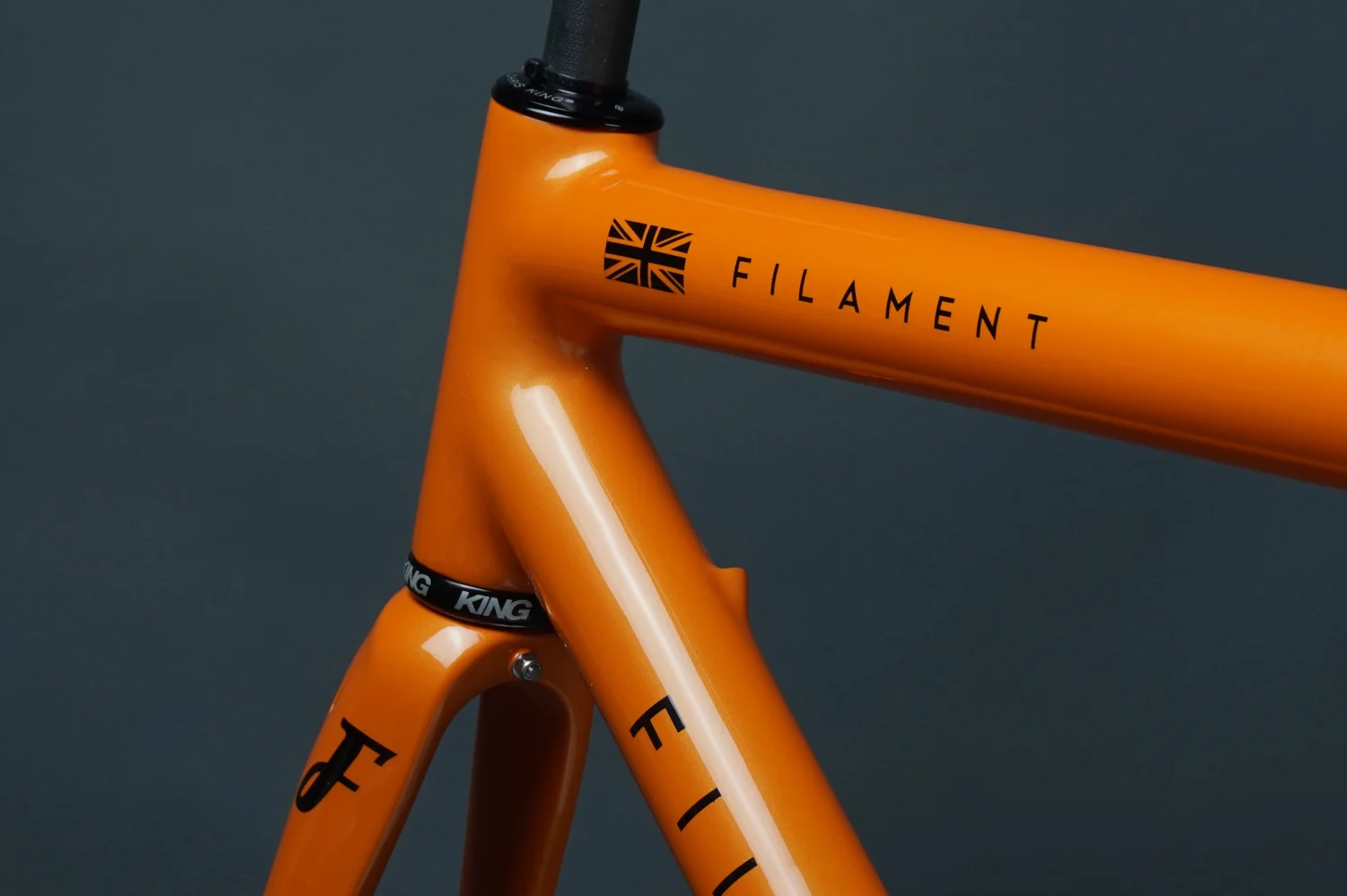 Close up front view of Filament Bikes road tandem bike frame including Chris King headset.
