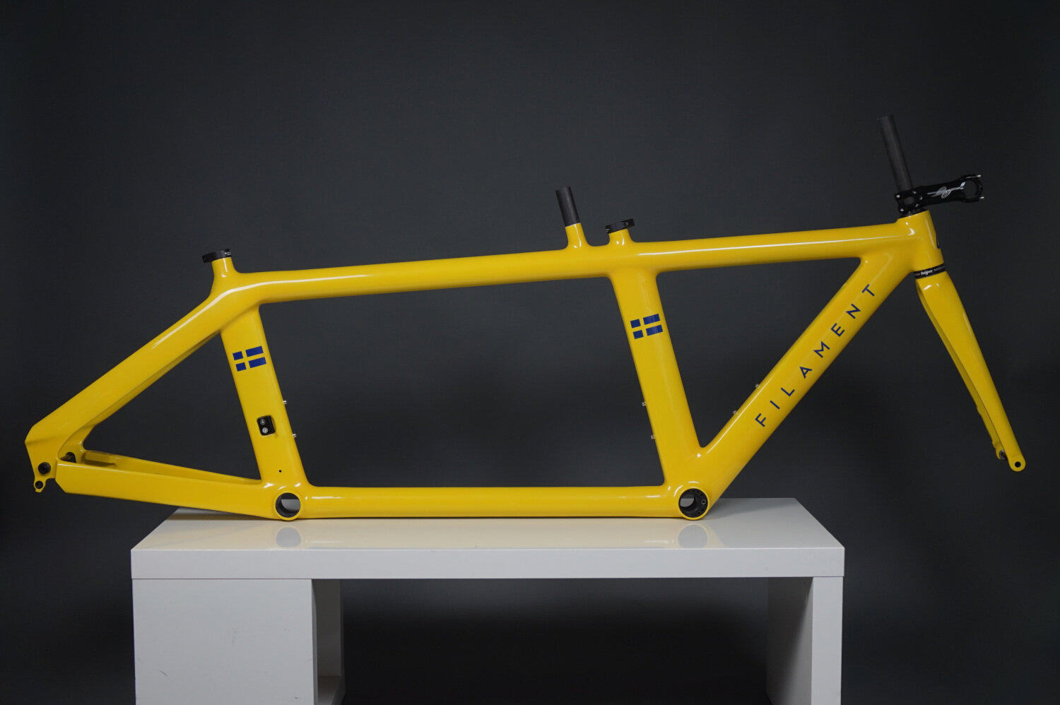 Side profile image of a Filament time trial tandem bike frame with a custom paint job of yellow with flag motifs.