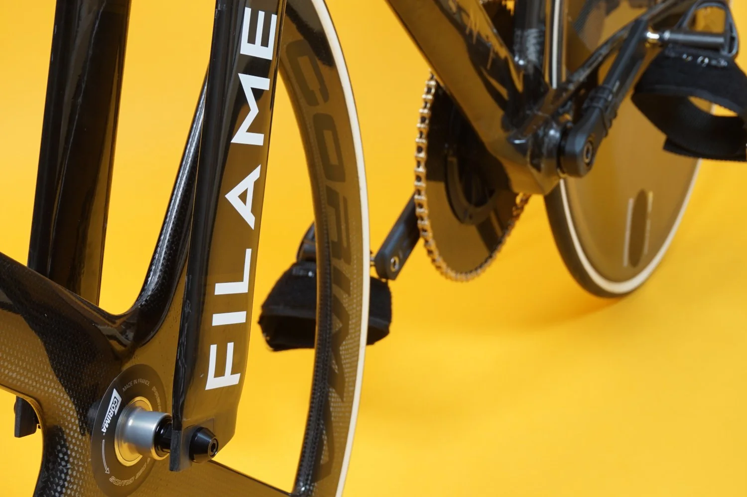Filament Bike's carbon fibre track bike assembled with AeroCoach chain ring and Corima track wheels.