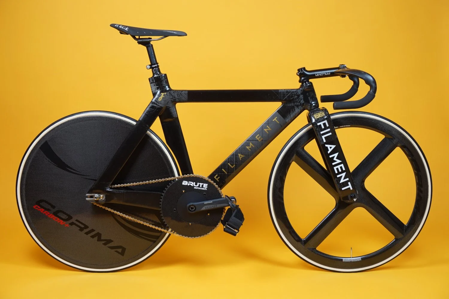 Aero carbon fibre track bike frame assembled with AeroCoach and Corima components.