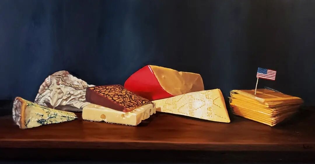 American Cheese / oil on linen / 12 x 24 inches - This one's still wet on the canvas. Come see it in person at my BOSCO open studio event this weekend, Oct 9th &amp; 10th / 10AM to 6PM.
.
#americanart #americancheese #cheeselover #stilllifepainting #