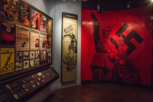Nazi propaganda materials line the wall in one of the rooms at the El Paso Holocaust Museum.