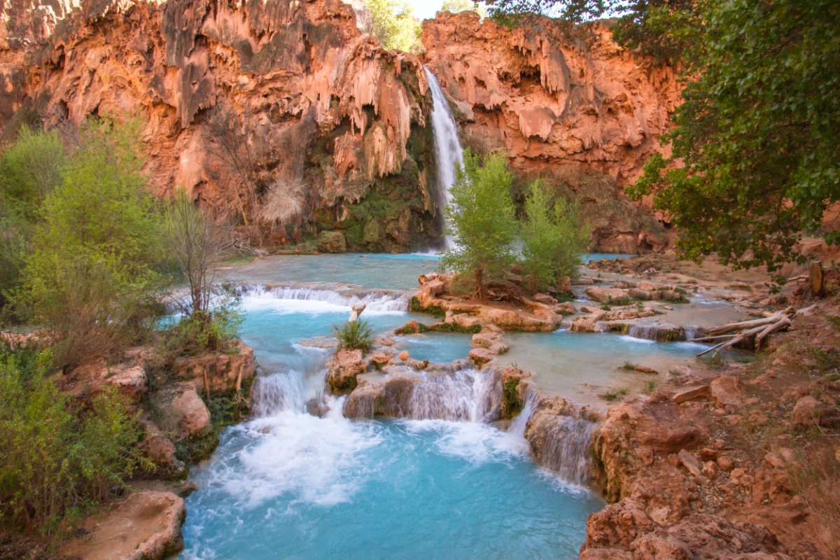 There are several pools at the base of Havasu Falls that are fit for swimming. What beautiful fun!