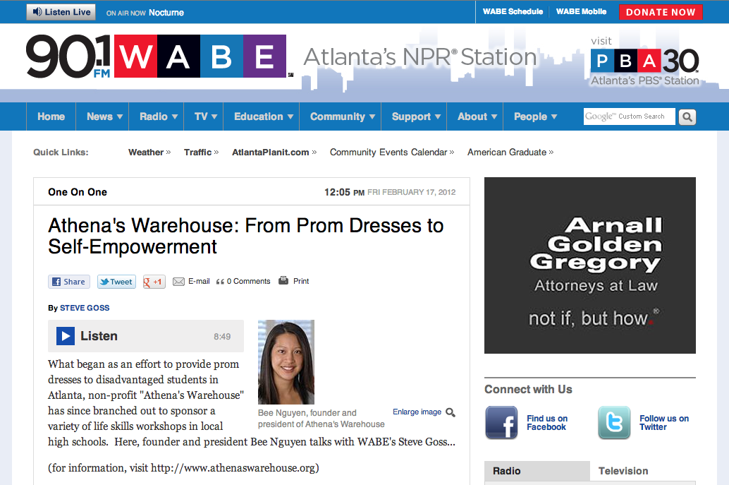 WABE Morning Edition With Steve Goss, Feb 2012Athena's Warehouse: From Prom Dresses to Empowerment