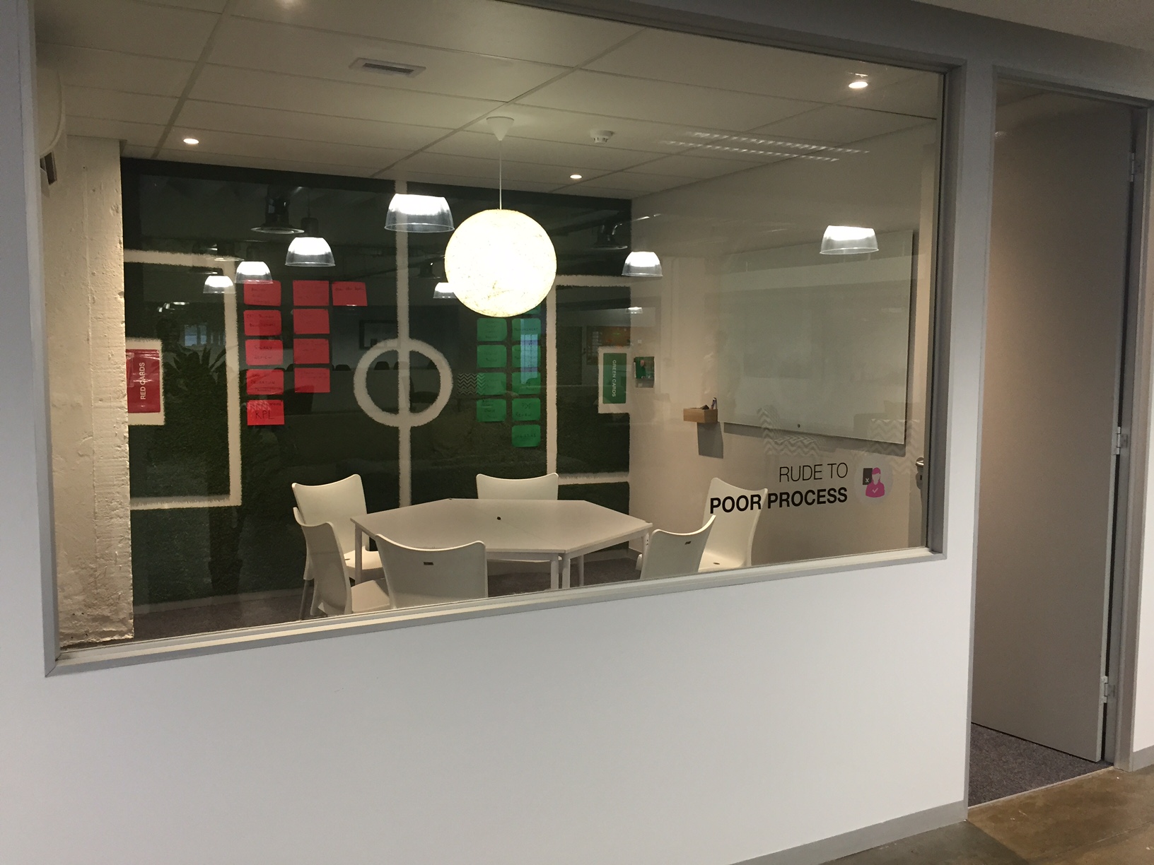We are rude to poor process. That's a scoreboard in the form of a soccer field in the background, with poor processes on the left, and improved processes on the right. In a growing company, processes that worked 12 months ago may no longer be relevant. We are exceptionally rude to poor processes until they become great processes. Anyone can stick up a red or green card with a poor or improved process.