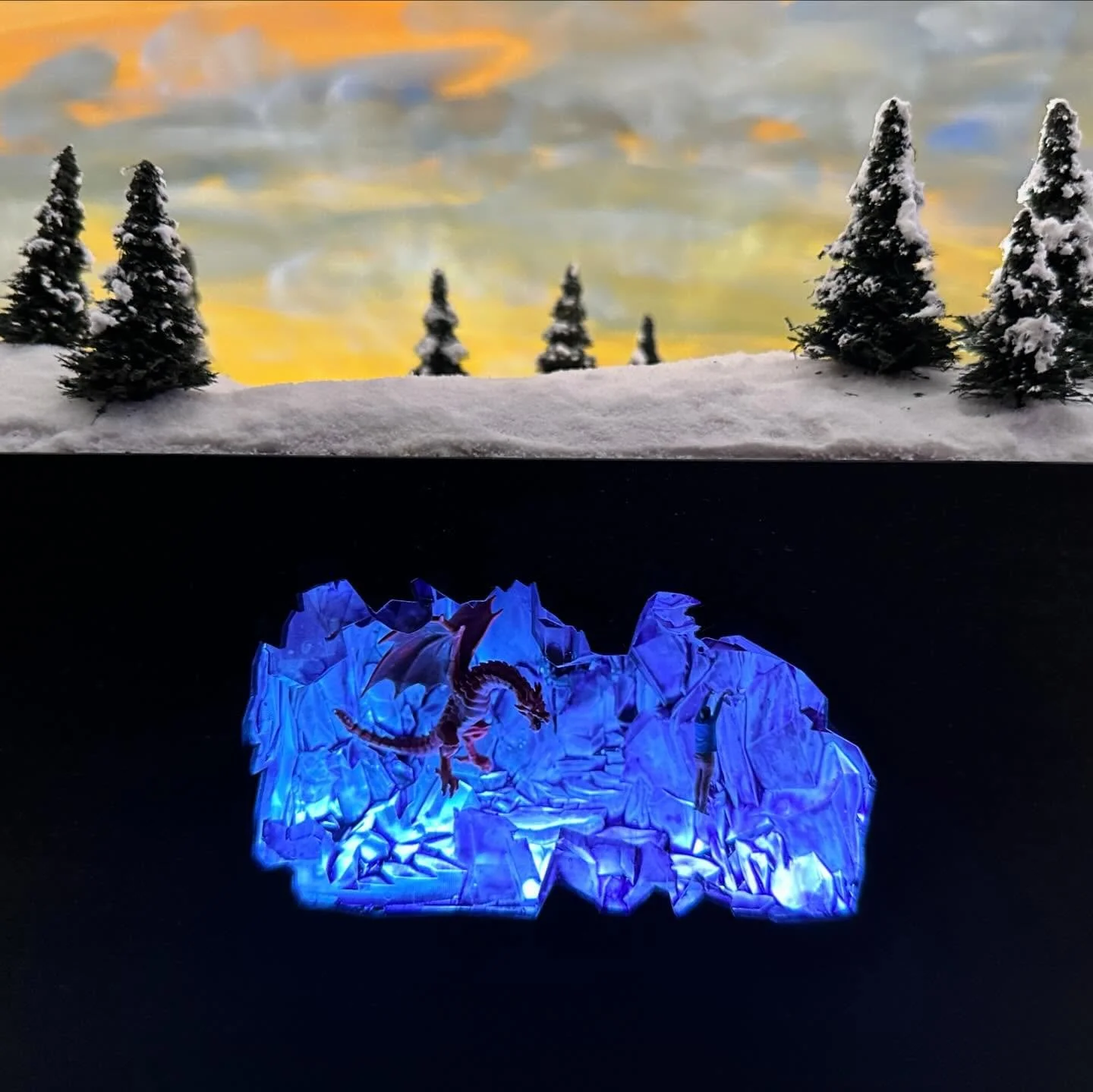 The next exciting scene in our collaboration with @miniprints3d, the crystal cavern! I&rsquo;ve wanted to make this for a long time, the potential of lighting through clear 3D printing is huge. This scene is designed to fit in the side of a model, in