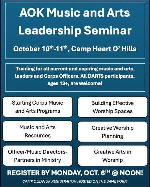 THERE IS STILL TIME TO REGISTER! Sign up today for this weekend's Music and Arts Leadership Seminar, designed to train current and future corps leaders! Also, you will be among the first to see the updates at Camp Heart O' Hills!

https://aokmusicand