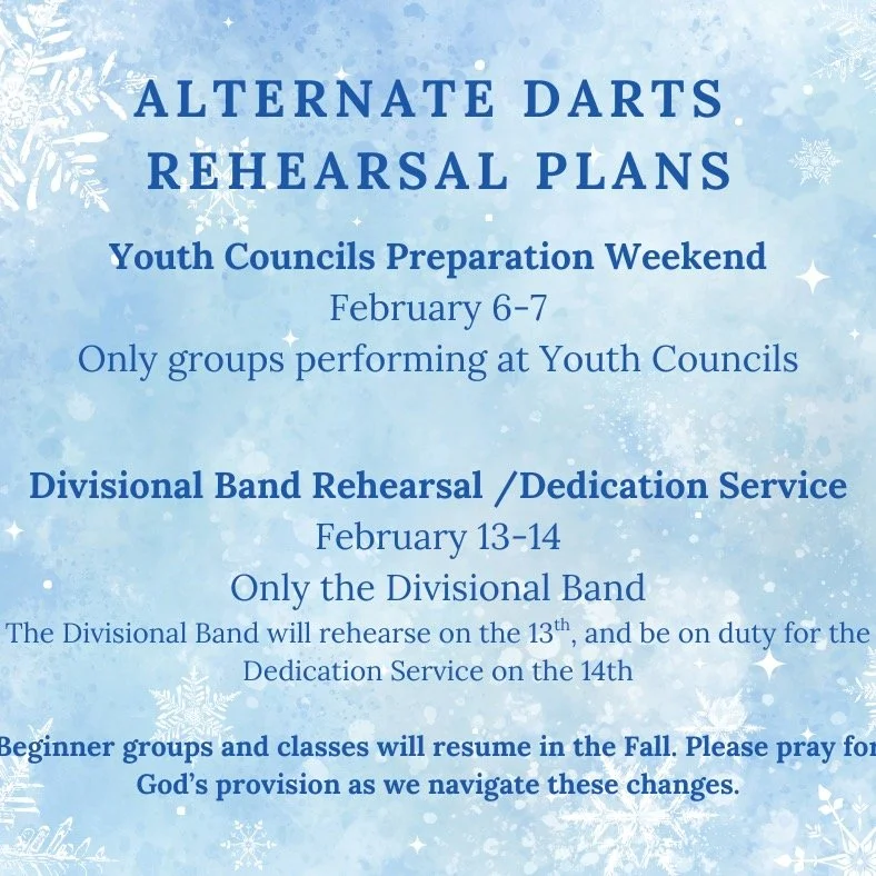With the cancelation of DARTS due to winter weather, we have an alternate rehearsal plan to ensure groups are prepared for the Camp Dedication and Youth Councils.