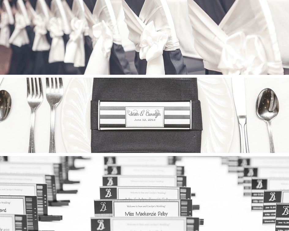 Their wedding favors were Fannie May chocolate bars wrapped in custom black and white striped wrappers created by Carolyn.