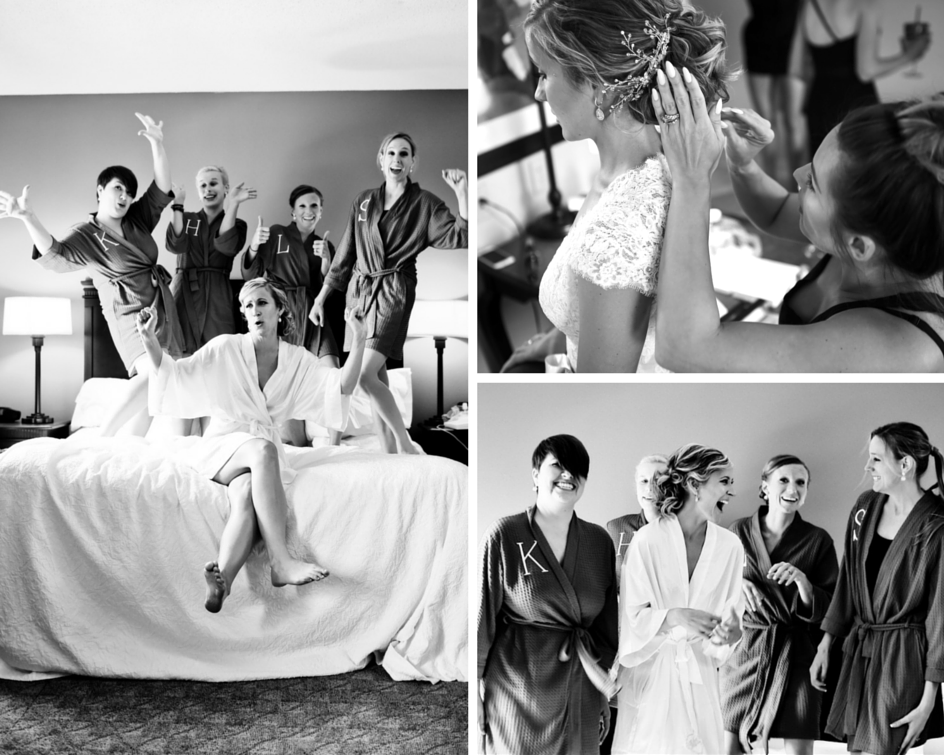 "My bridesmaids had a nice tote that included flat shoes for later that night, a personalized robe, glass with a lid and straw for the day as we got ready, earrings for the wedding, and a survival pack for the wedding day."