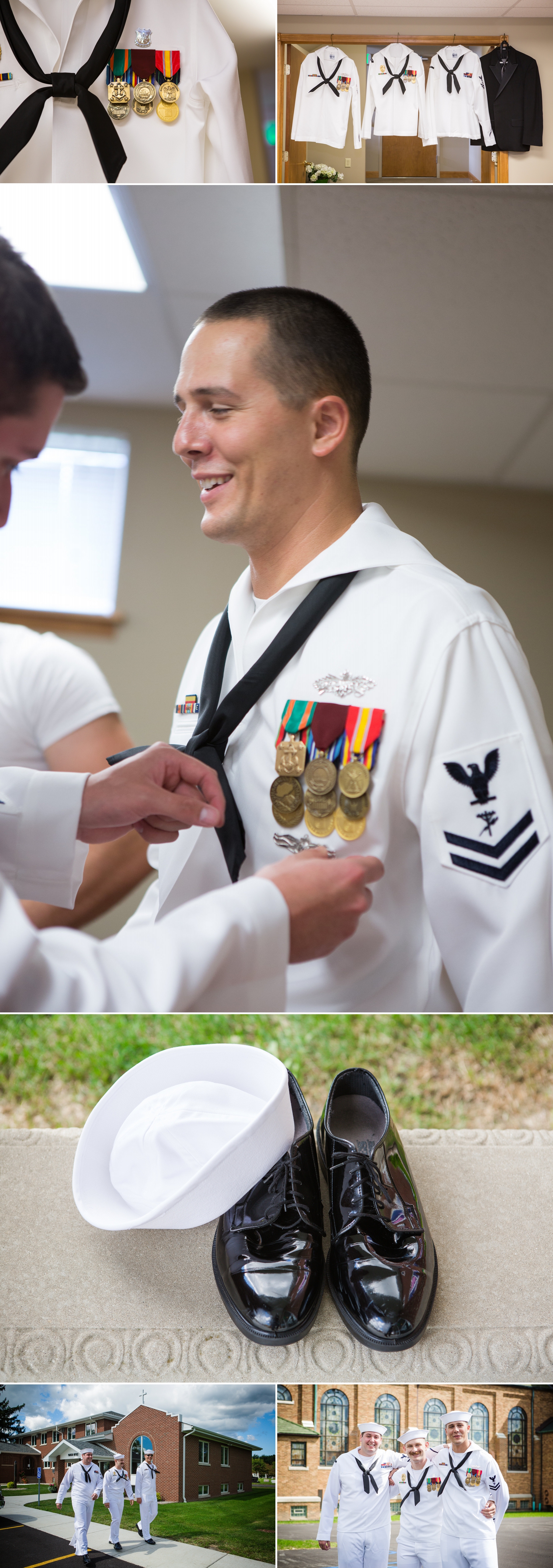 The bride's father and ushers wore tuxes from Dunhill and the groomsmen and groom wore their Navy Uniform "Dress Whites". They were meticulous about how their medals and pins were positioned and I loved hearing about what each one represented.
