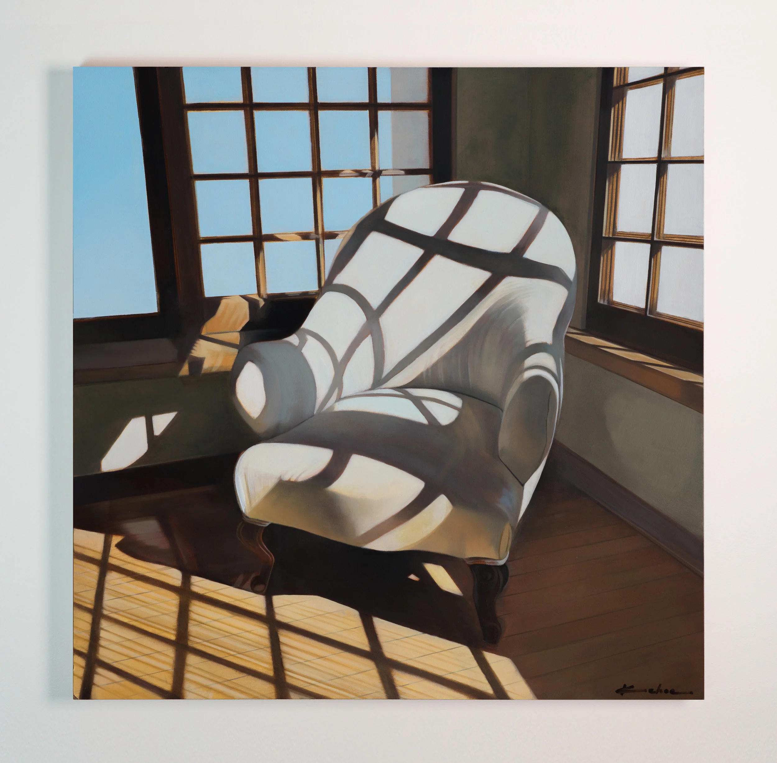 SOLD THE ALBUQUERQUE MUSEUM'S ARTS THRIVE EXHIBIT OCT. 21 THROUGH DECEMBER 4TH Title: FECHIN'S CHAIR 15 X 15, Oil on Board The Taos Art Museum in New Mexico resides in the former studio of Nicolai Fechin, one of New Mexico's most recognized painters. As I toured the unique Russian-Pueblo structure that Fechin designed and built much of by hand, I was struck by one of the artist's "thinking" chairs in the corner with late afternoon long shadows and beautiful light raking across it. I did a few thumbnail sketches to figure out what the composition was calling for and came away with a few reference images that I thought would make a successful small painting while paying a small tribute to the mastery of Nicolai Fechin.