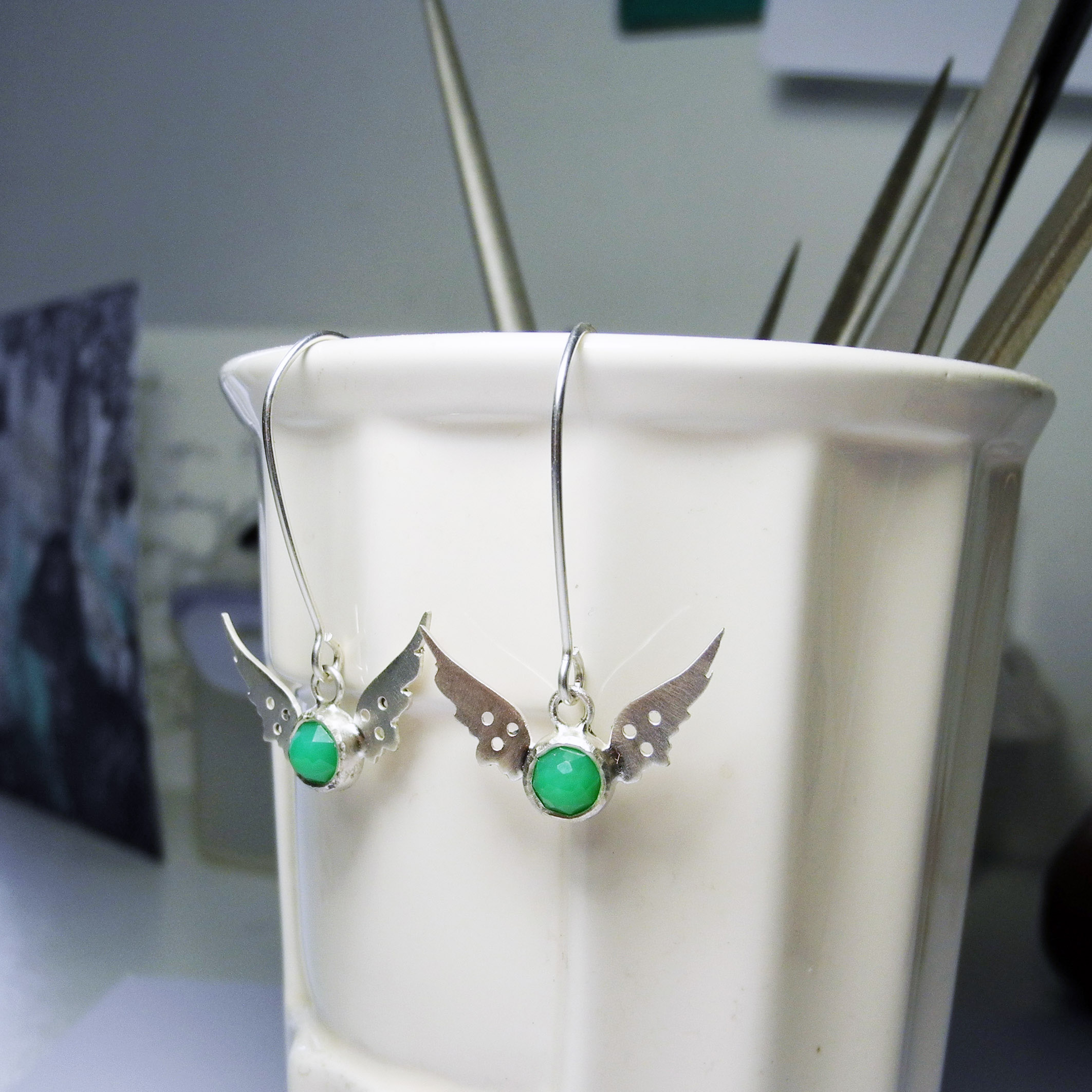 Tiny Hermes Wings earrings with chrysoprase