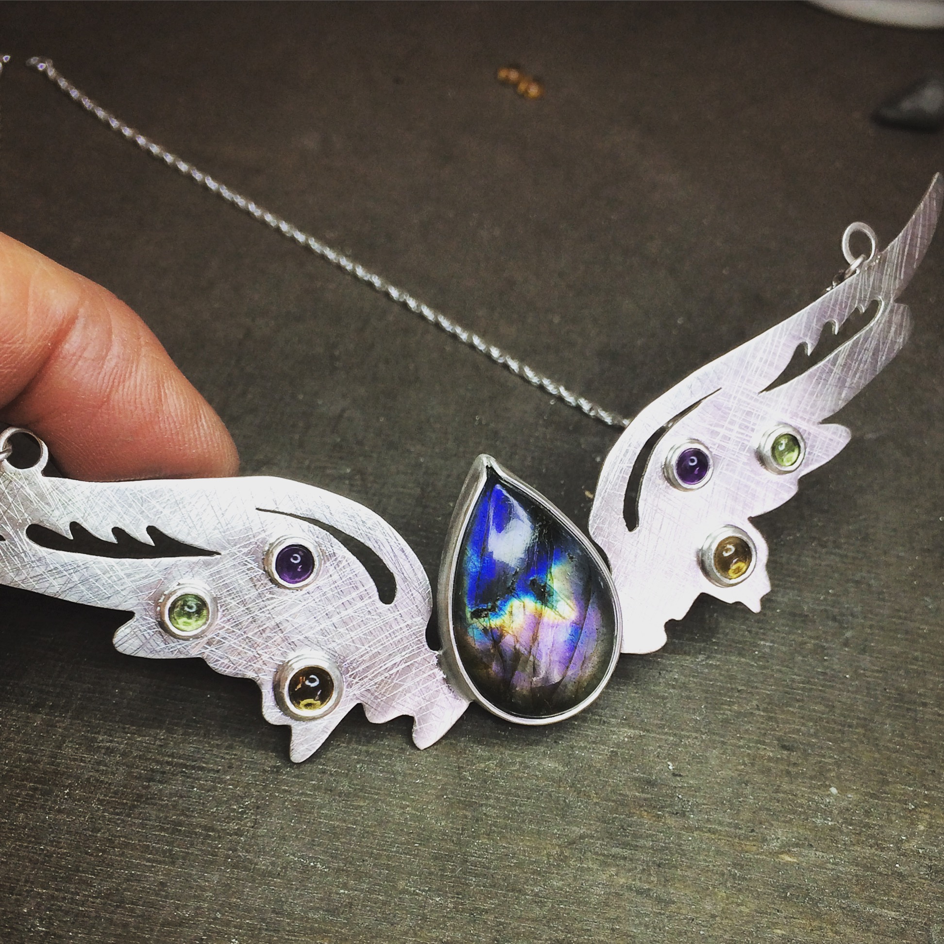 Hermes Wings pendant set with labradorite, amethyst, peridot, and citrine