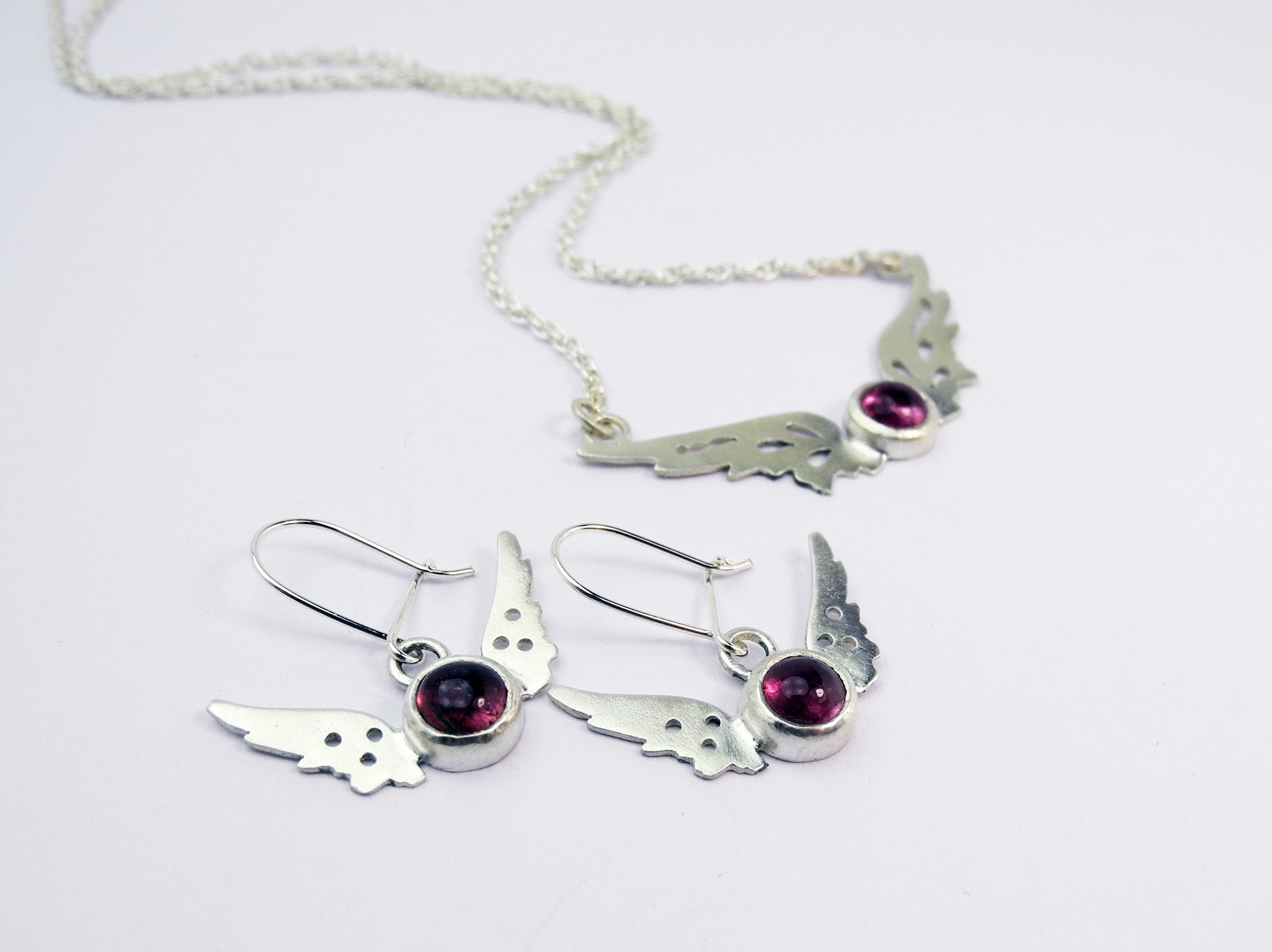 Tiny Wings earrings and pendant set with pink tourmaline